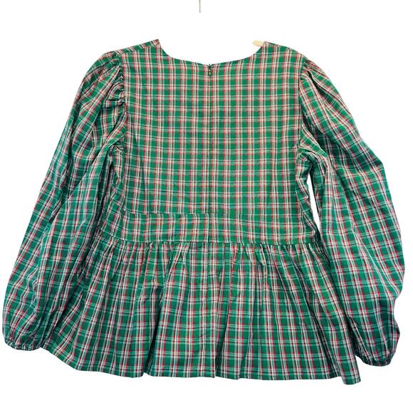 LaRoque Cara Top Peplum Puff Sleeve Blouse in Green Plaid size Medium NEW - Picture 6 of 9